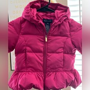 RALPH LAUREN Shannon Pink Hooded Puffer Peplum Coat Girls Size 12 M
